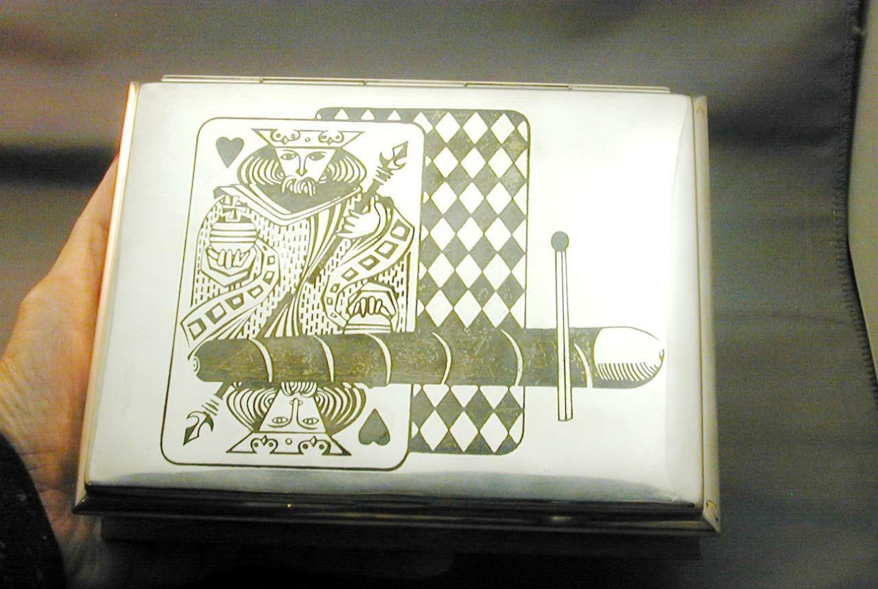 SUPER Mid Century MCM Silver Plate & Bronze Cigar Card Box King Of Hearts WMF Ik