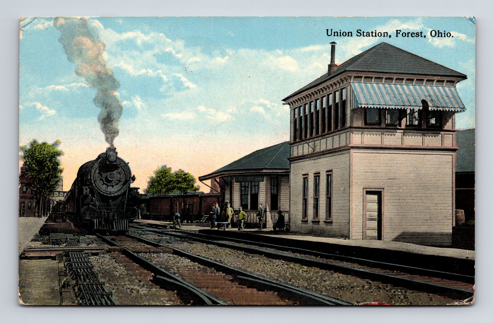 1916 Union Station Steam Engine Train Depot Forest OH Weixelbaum Bros Postcard