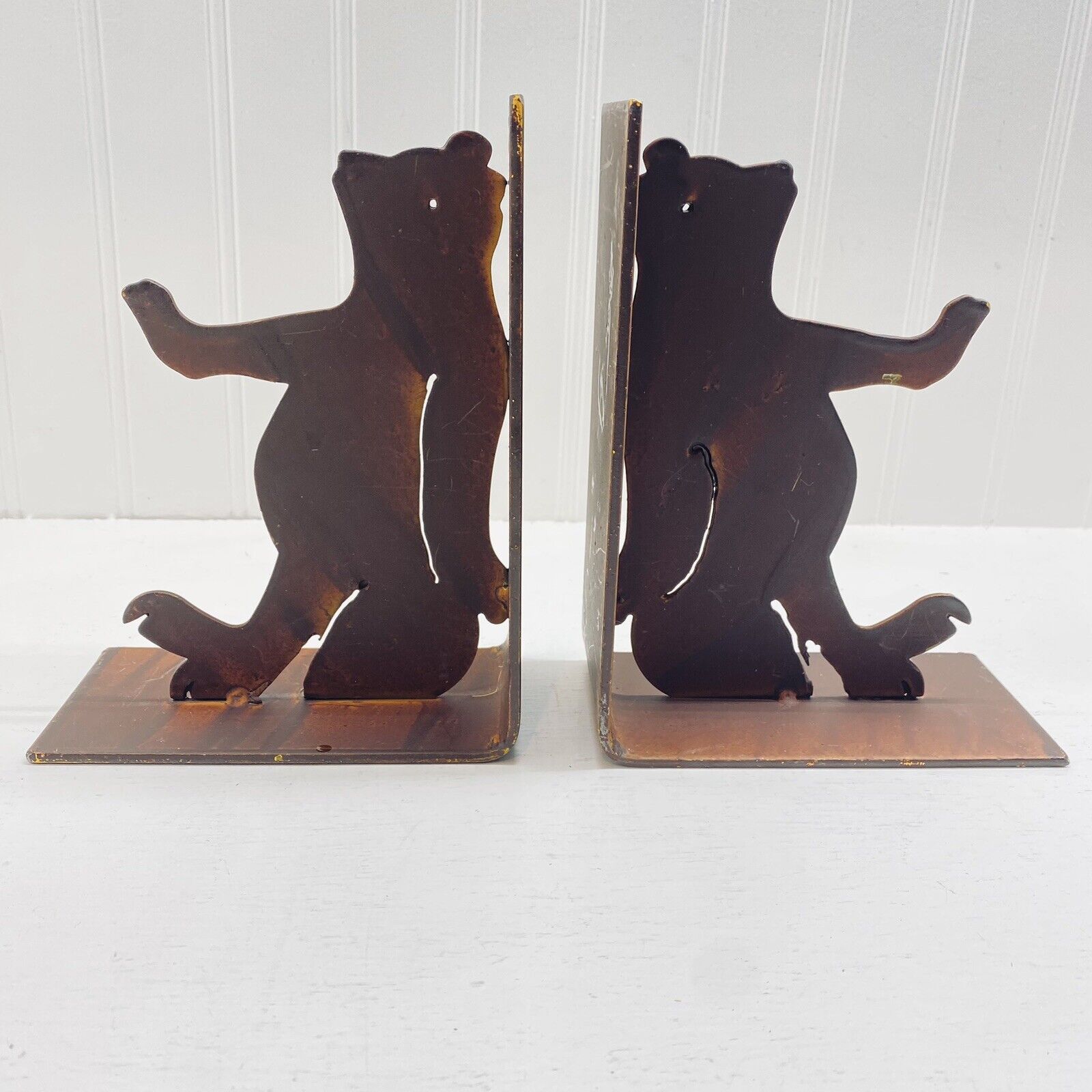 Vintage Copper Metal Leaning Bear Bookends Rustic