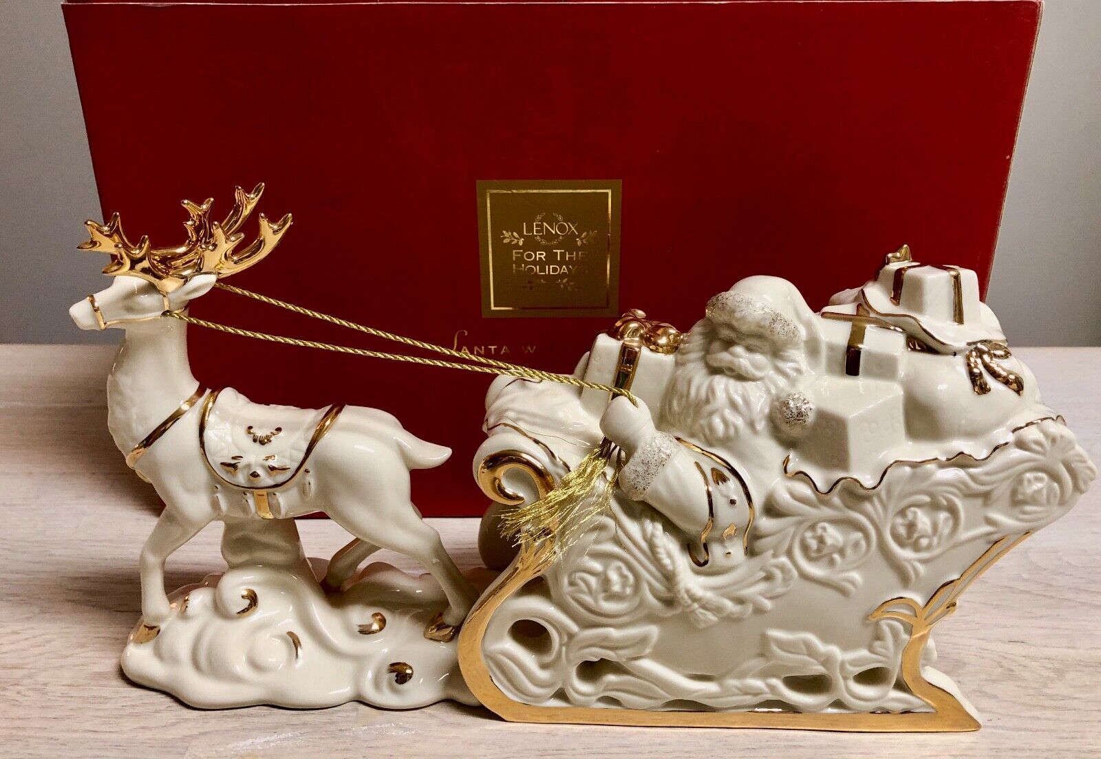 Lenox For The Holidays Porcelain Santa With Sleigh and Reindeer 24k Trim NIB