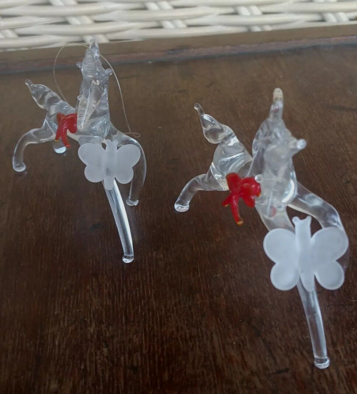 Clear Hand Blown Glass Unicorn Figurines, with Red Neck Bow & Butterfly on Knee