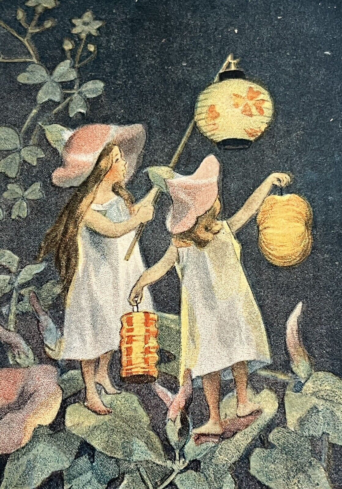 Antique 1898 Fantasy French Lithograph Trade Card Fairies W Japanese Lanterna