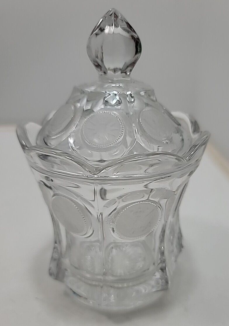 Vintage Fostoria Coin Glass Lidded Candy Dish Jar Clear Crystal 1886
