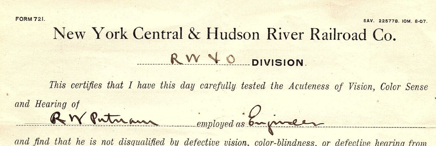 1908 NEW YORK CENTRAL & HUDSON RIVER RAILROAD CO VISION AND HEARING TEST Z5926