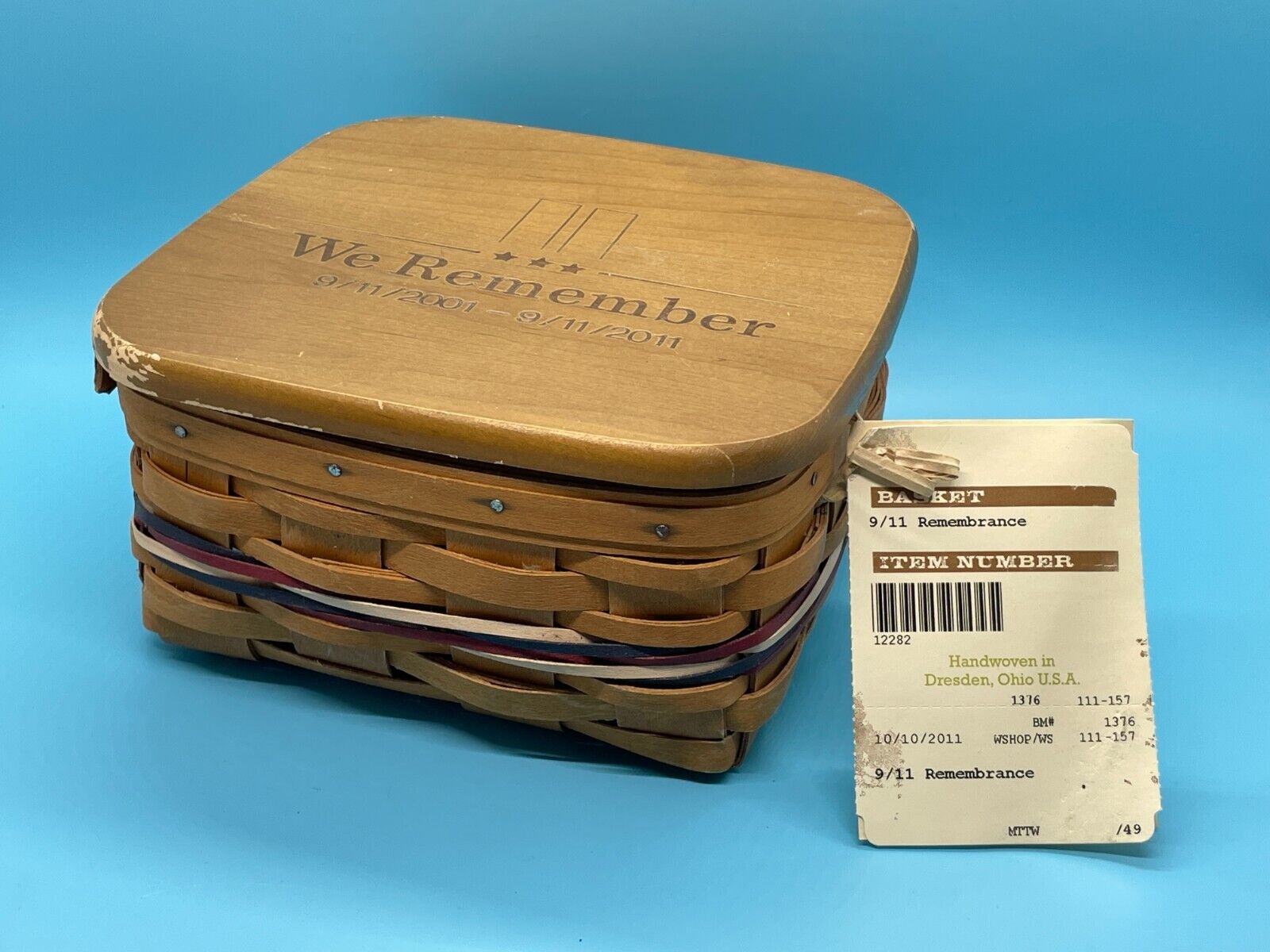 Longaberger Remembrance We Remember 9/11 Basket With Protector and Product Card