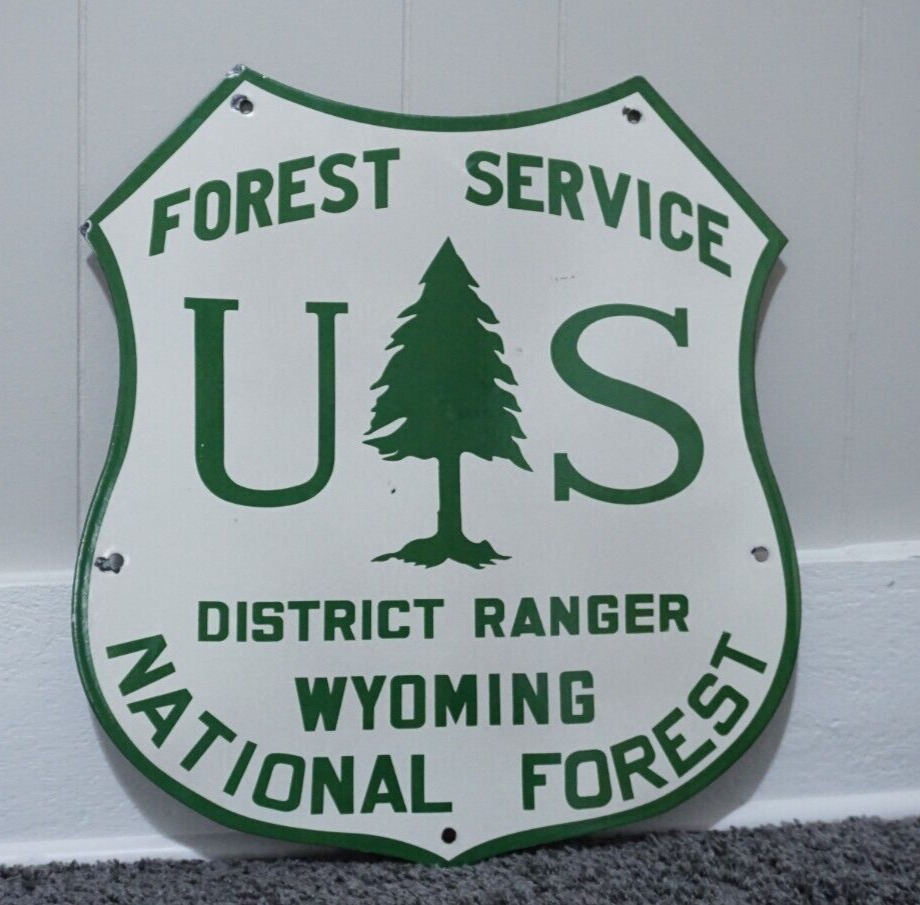 VINTAGE US NATIONAL FOREST SERVICE RANGER PORCELAIN SIGN ROAD TRAIL RARE SHIELD