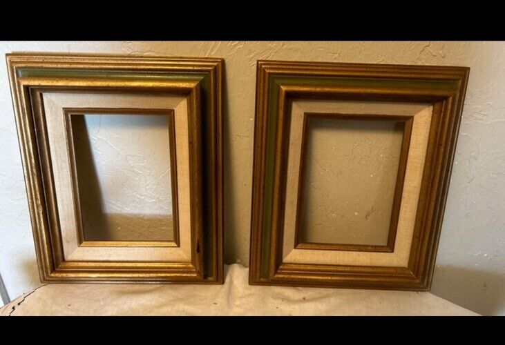 Vintage MCM Gold Green Wood Picture Frame Set Of Two. Frame 10x12 Pic Size 5x7.