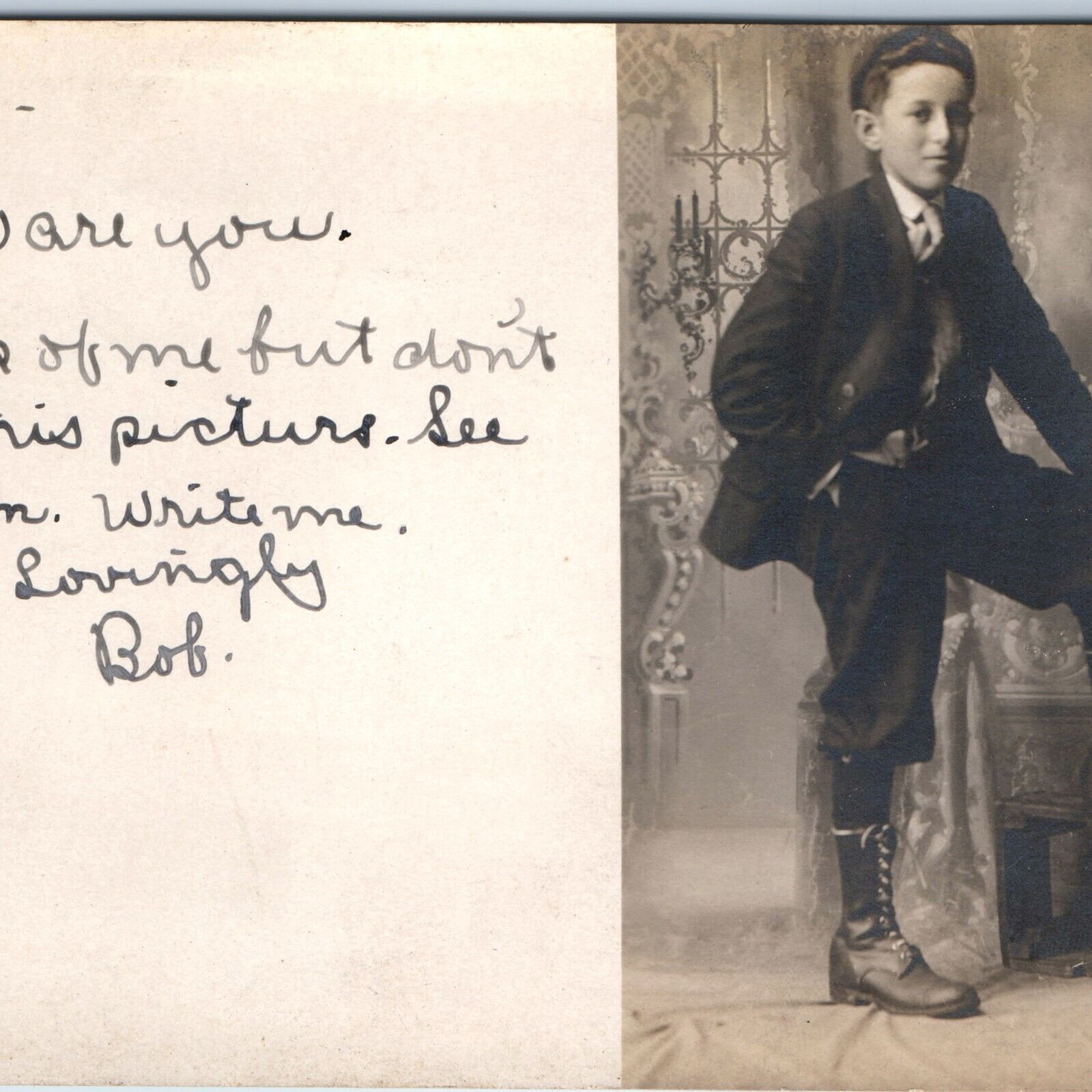 c1910s Young Man Portrait RPPC Unsent Postcard to Crush Miss Real Photo A261