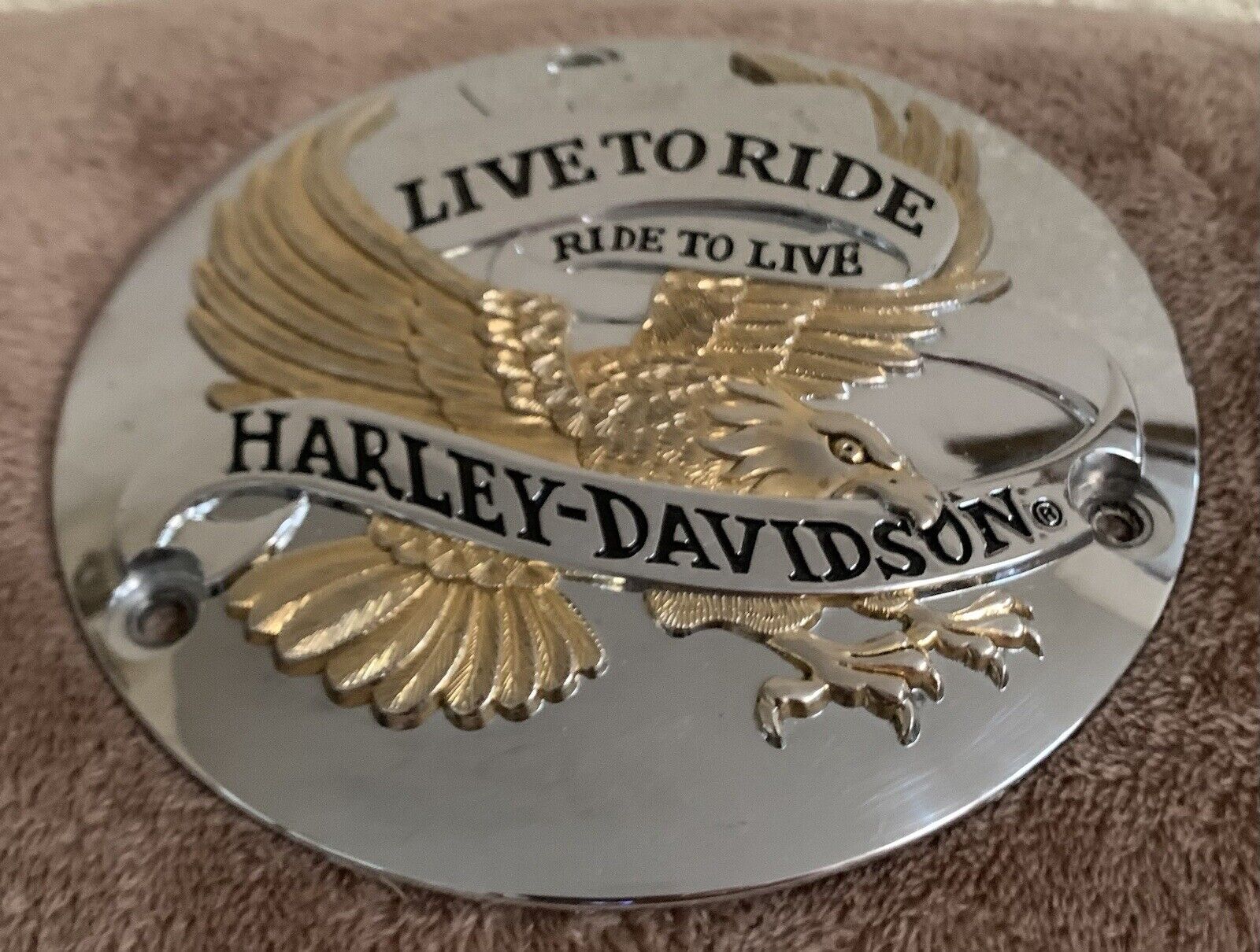 HARLEY DAVIDSON Chrome Gold Eagle  LIVE TO RIDE Emblem 6.5 Inches