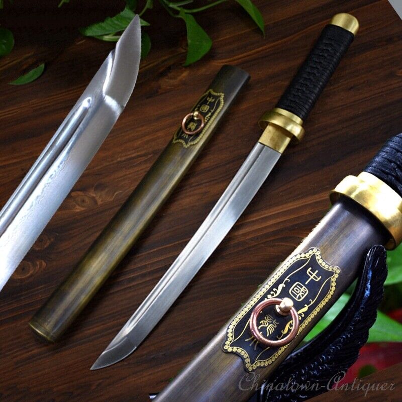 Sharp QuanZhen Sect QiuChuJi Short Sword Pattern Steel Blade Copper Sheath #1214