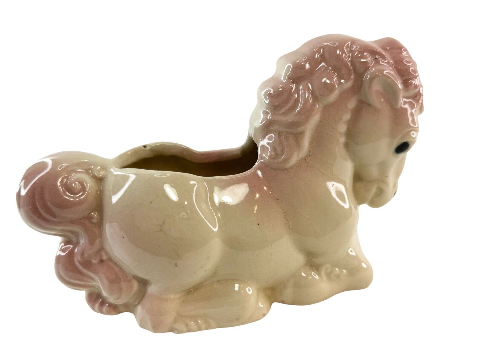 Vintage Kneeling Pony Horse Flower Pot Planter Vase Pink White Ceramic Glossy