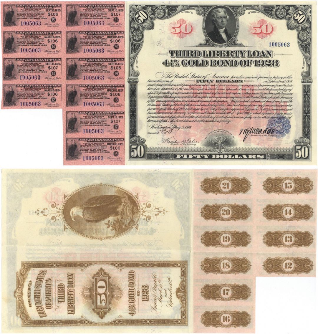 $50 1918 3rd Liberty Bond - Gorgeous Red Color - U. S. Treasury Bonds, etc.