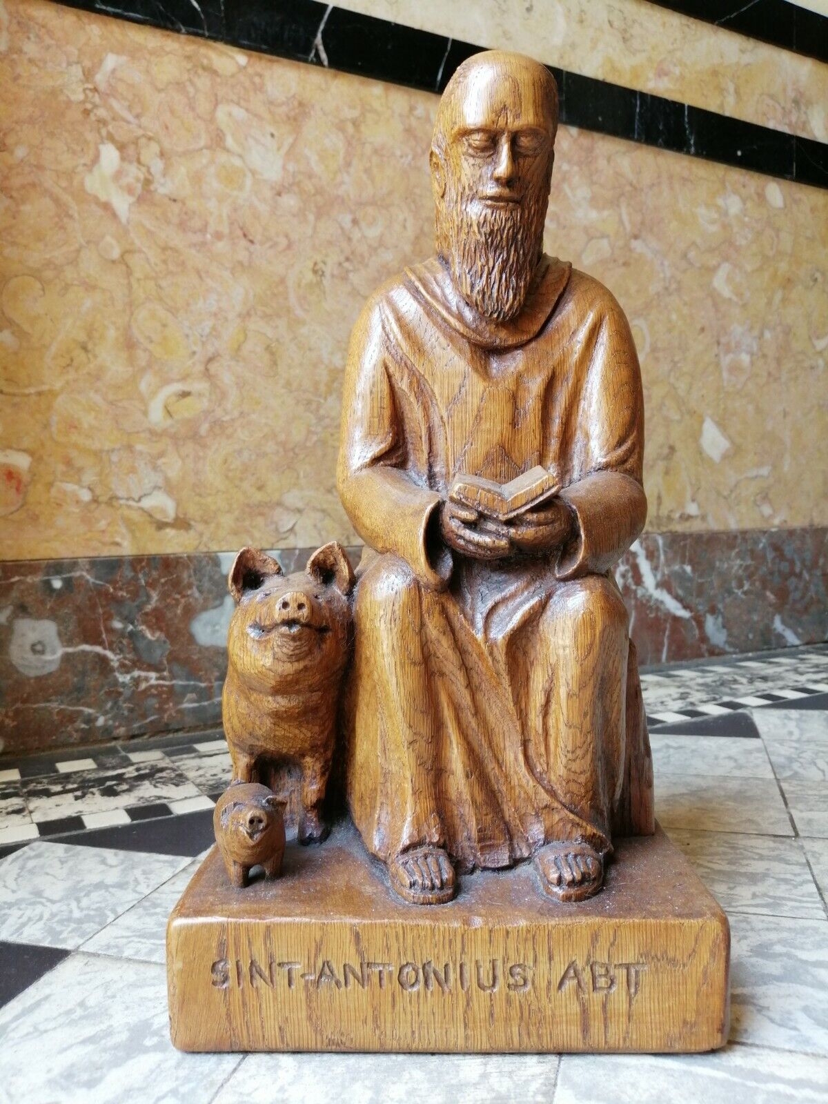 Unique Chalkware Hand Carved Wood St Anthony Antonius Abt with His Pig  Statue