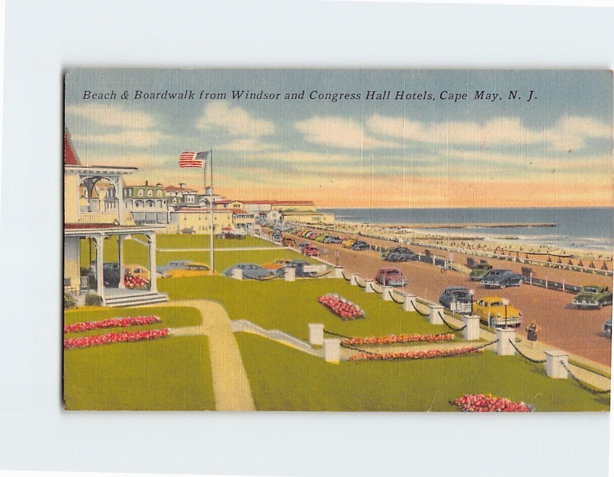 Postcard Beach & Boardwalk from Windsor and Congress Hall Hotels Cape May NJ USA