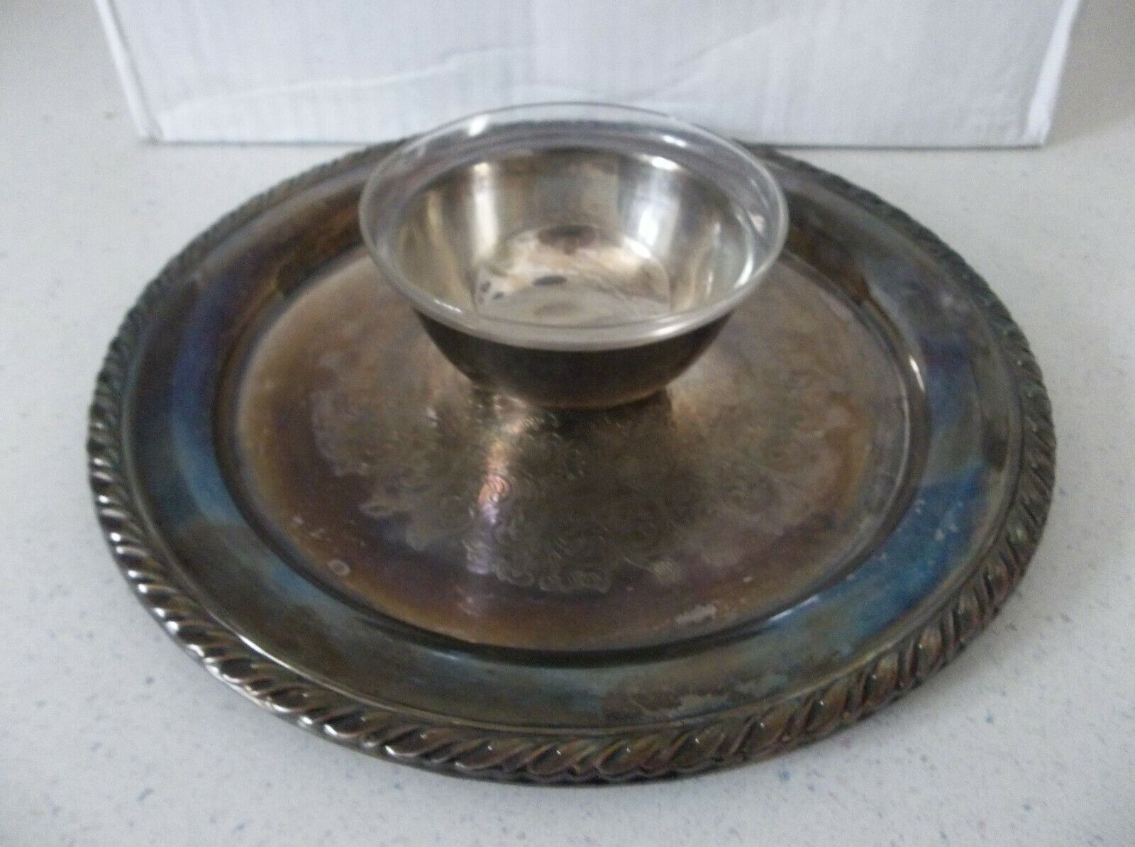 Serving Tray Silverplate Attached Bowl Tray Dip Sauce Round Etched 10.25\