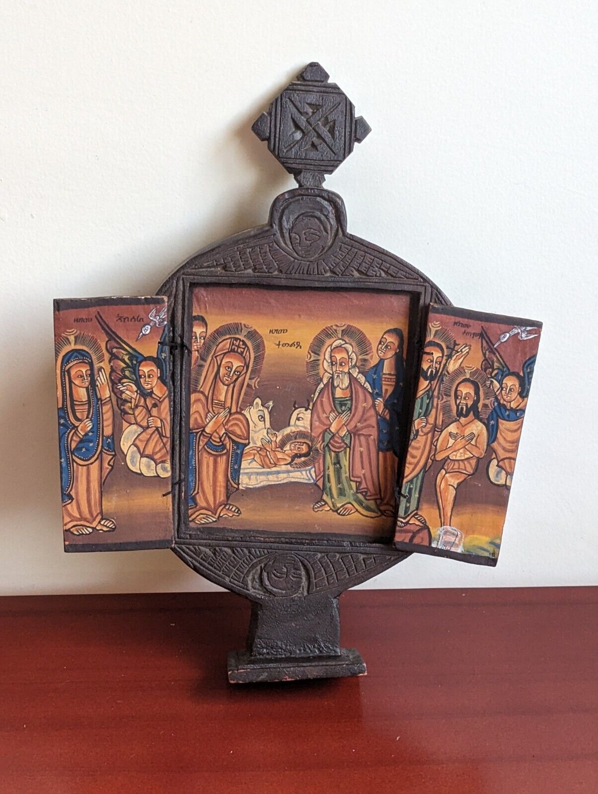 Handmade Ethiopian Orthodox Coptic Christian Wood Biblical Icon Triptych,Africa