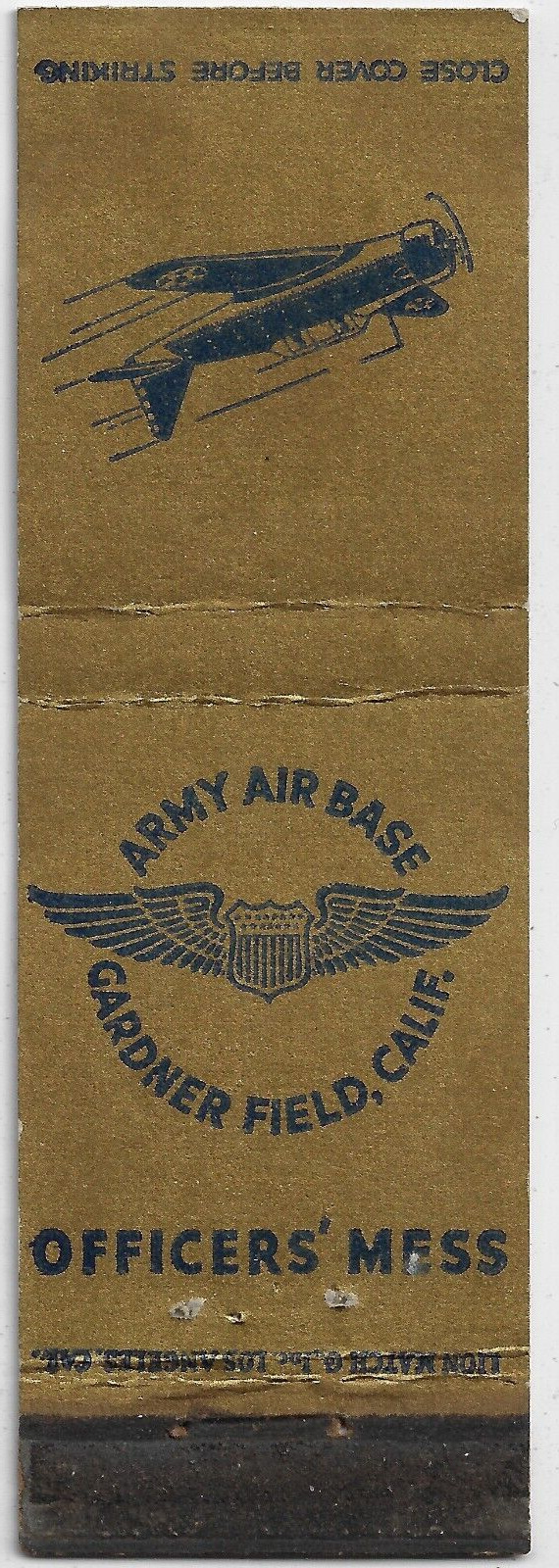 Army Air Base Gardner Field Calif. WWII Officers' Mess FS Empty Matchbook Cover