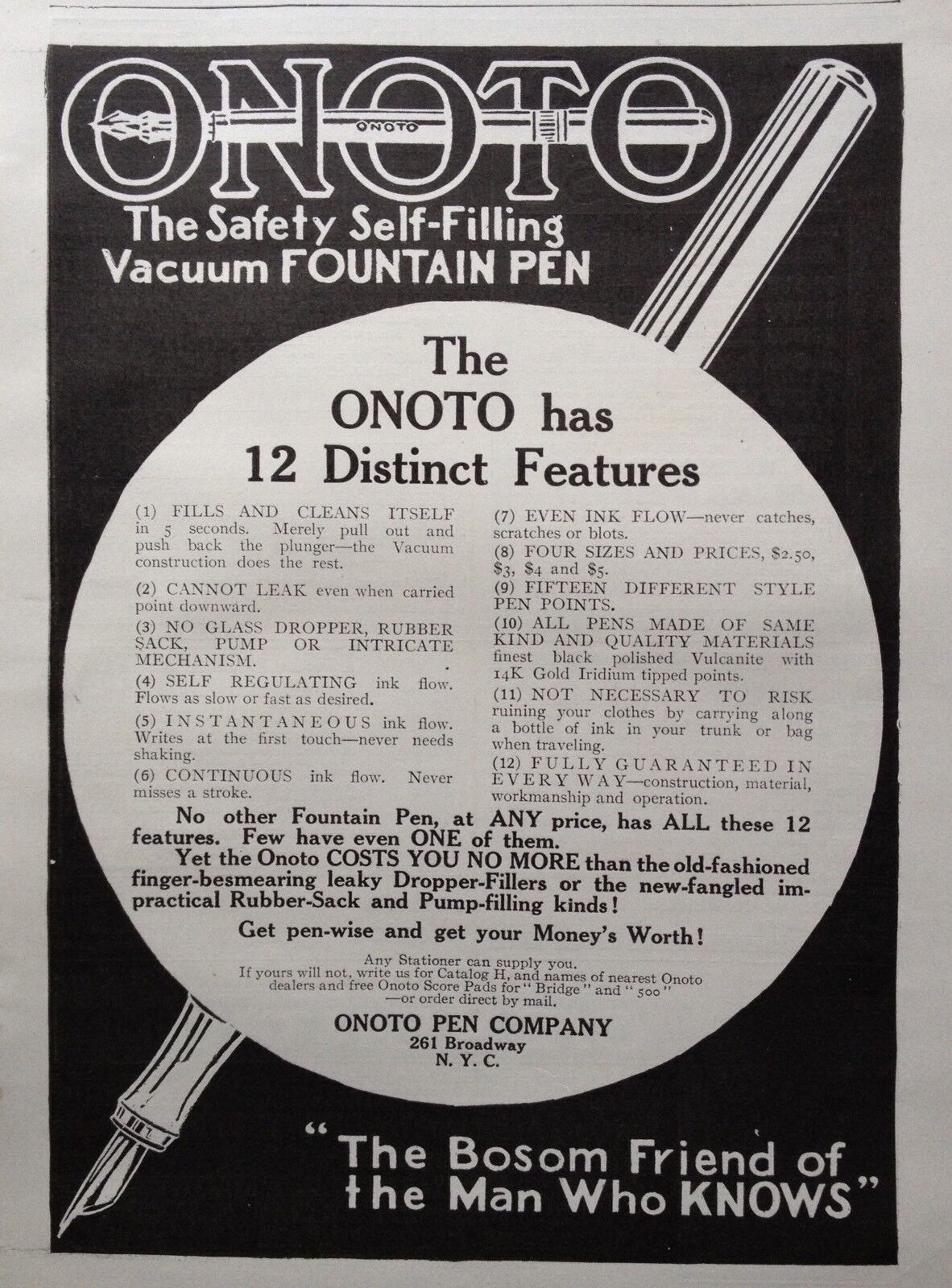 1909 AD(G19)~ONOTO PEN CO. BROADWAY, NYC. SELF-FILLING FOUNTAIN PEN