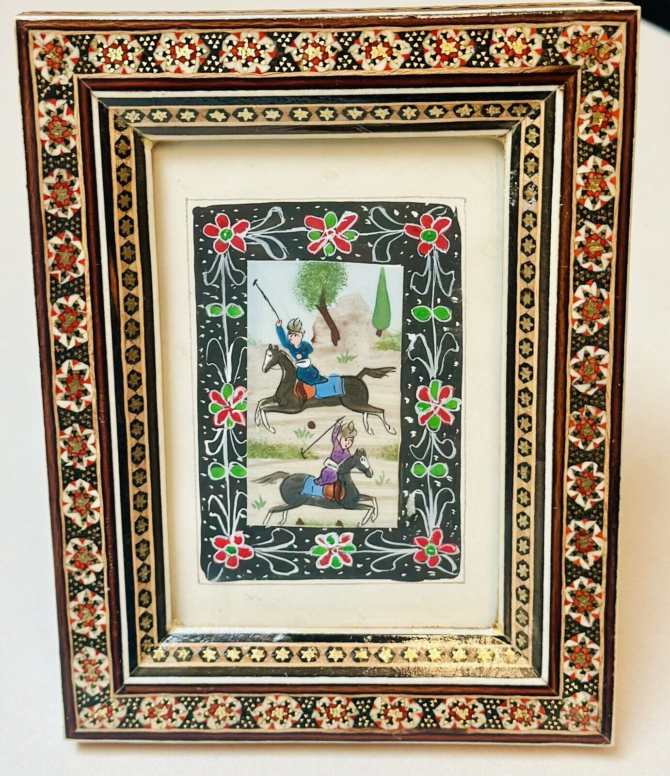 VTG Persian Hand Painted Inlaid Wooden Frame Painting Of Men Hunting On Horses