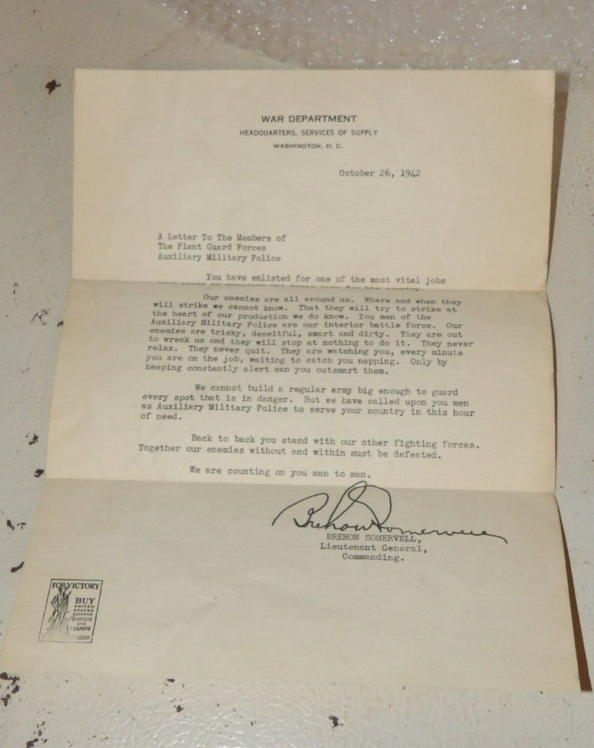 Oct. 26, 1942 War Department Letter to Members of Aux. Military & Plant Police