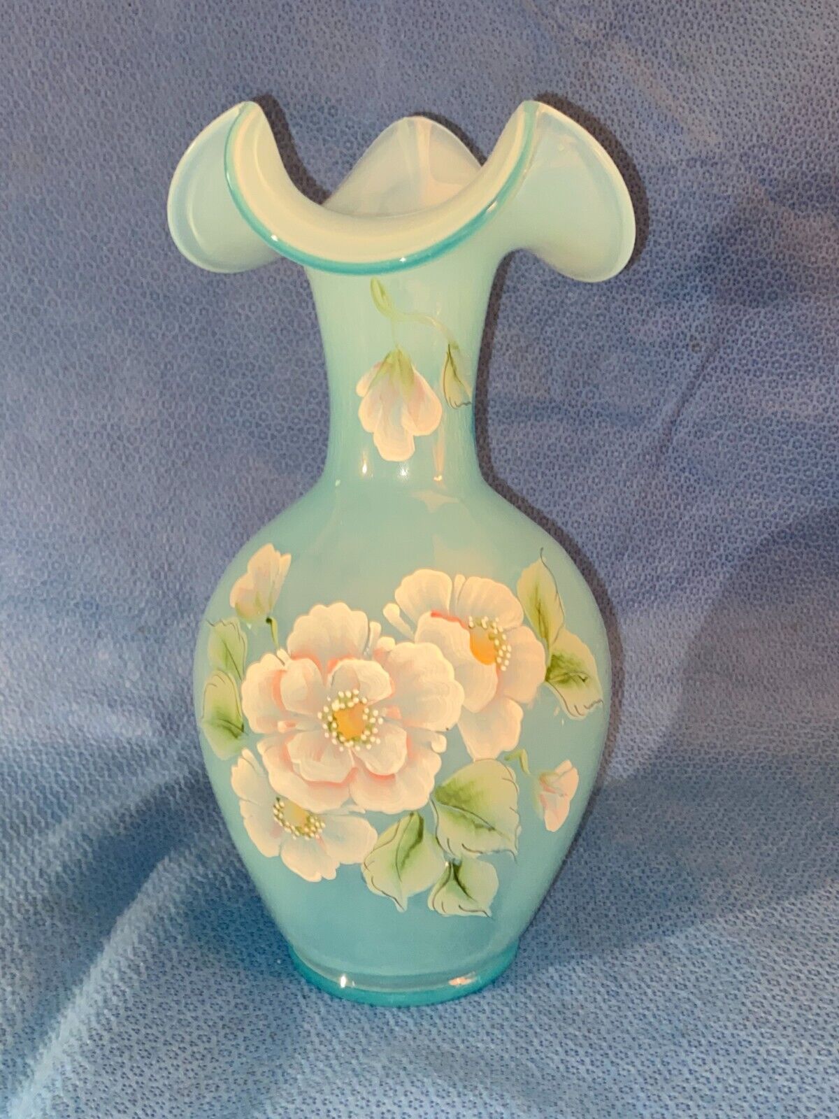Fenton Hand Painted Glass Ruffle Rim Blue Floral Vase
