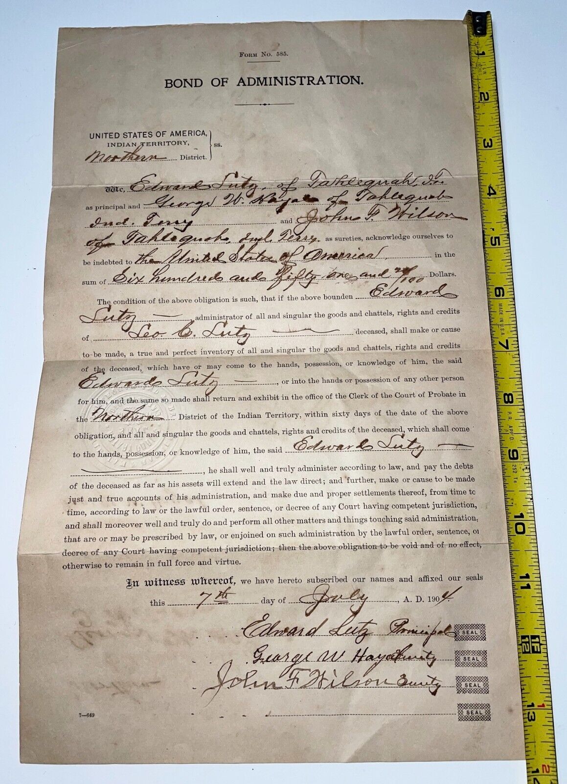 Tahlequah Oklahoma Indian Territory 1904 Bond of Administration Document