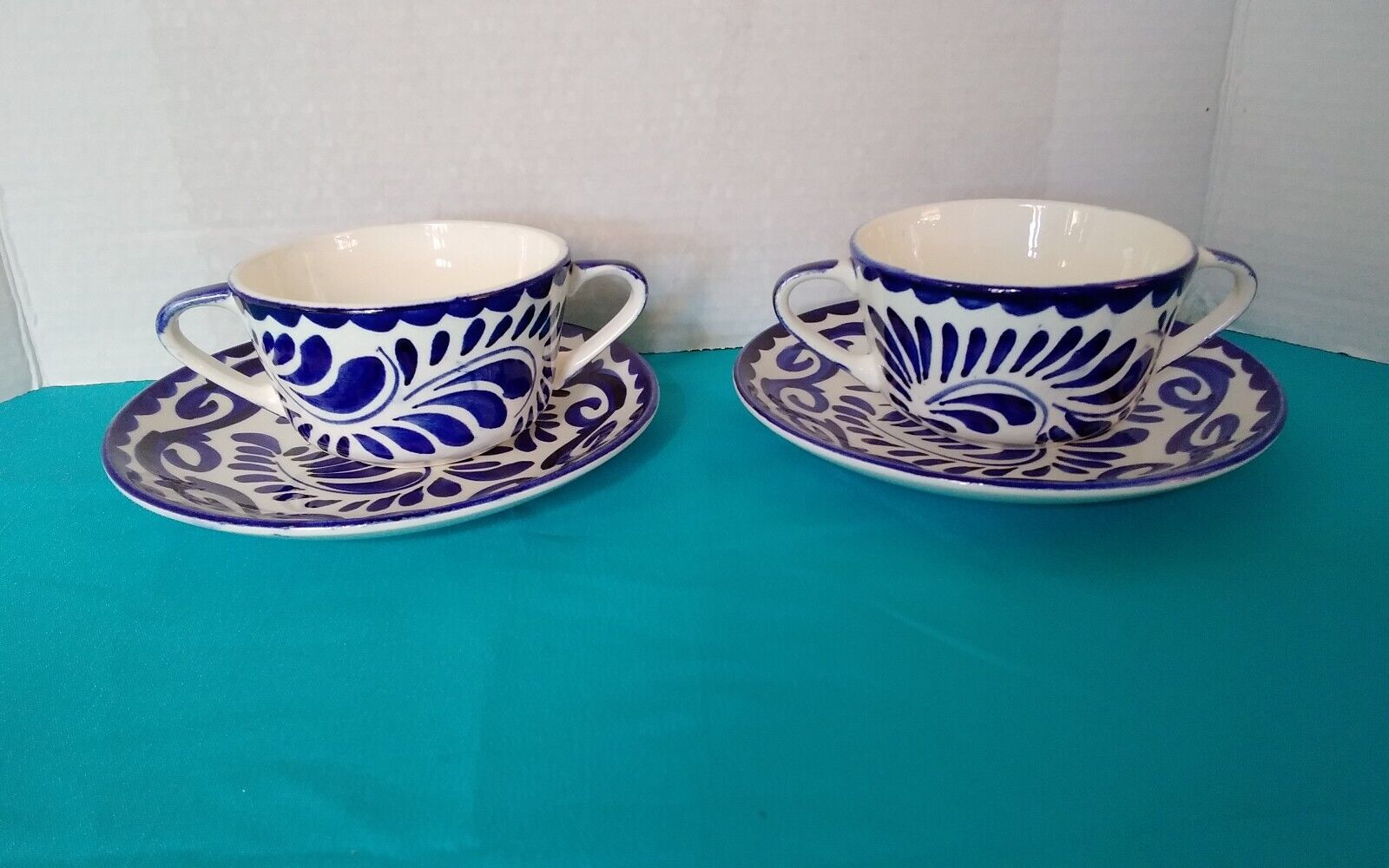 Vintage Mexican Pottery Anfora Puebla Blue Floral 4 PC set Soup Bowl/Cup & Plate