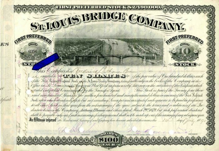 St. Louis Bridge Co. with transfer agent of Drexel Morgan Co. - Stock Certificat