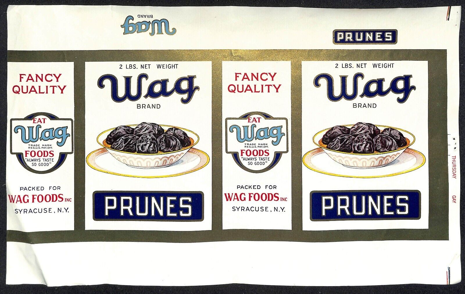 1931 Paper Box Label Wag Foods Wag Brand Prunes Syracuse, NY w/ Gilt Borders