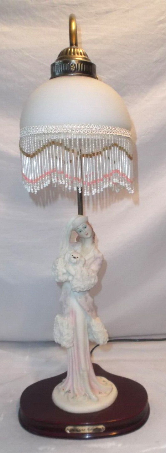 Vtg Art Deco Lady Diva & Dog Lamp With Glass Bead Shade Crosa Collection 1995