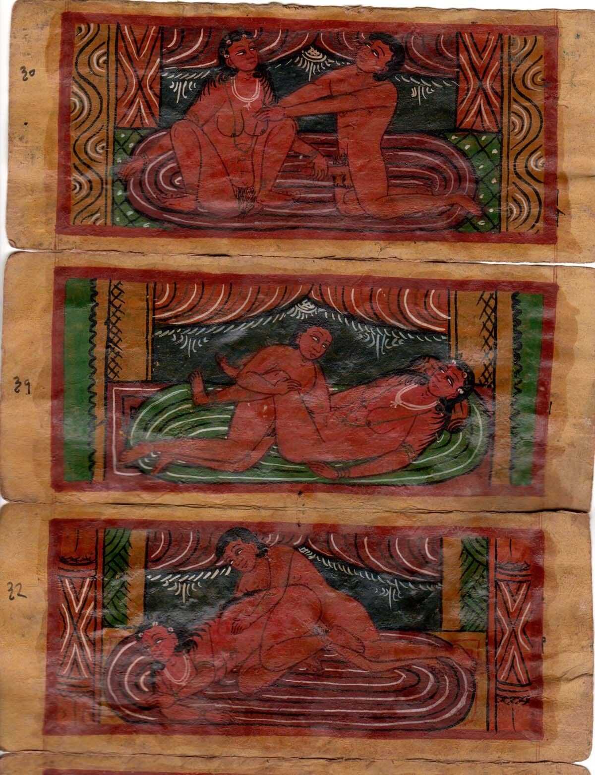 Lot of 8 small 9 cm x 20 cm oil on paper old KAMA SUTRA INDIAN erotic painting