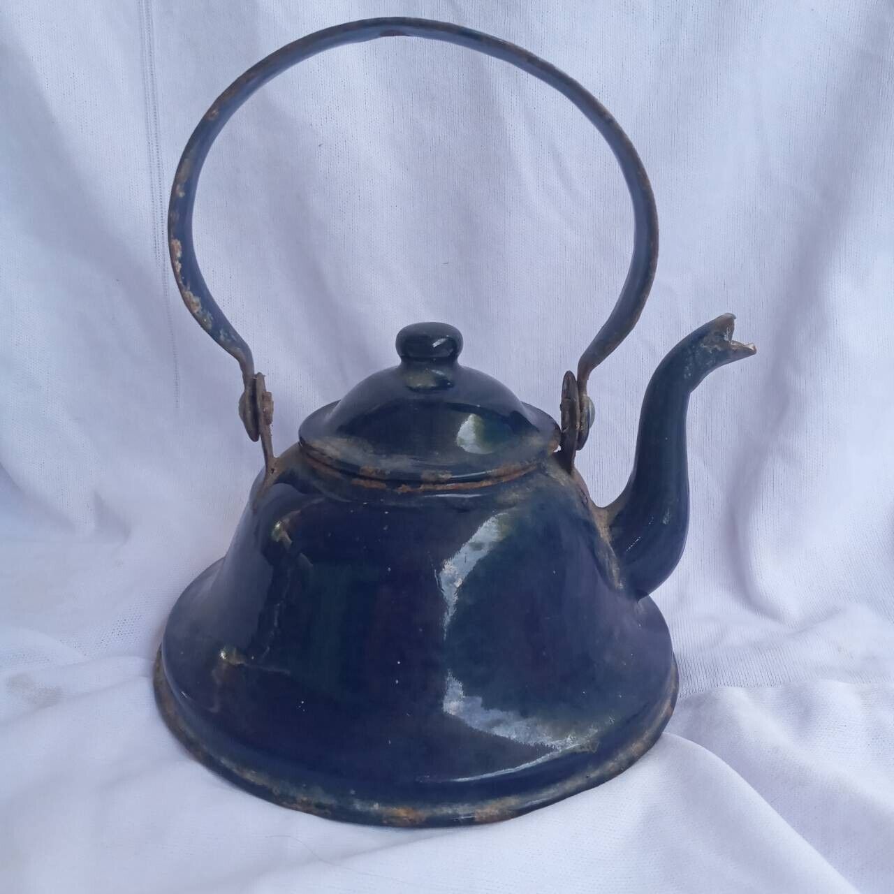 Classic enamel old Water kettle Czechoslovakia Rare collectible dark blue 14cm. 