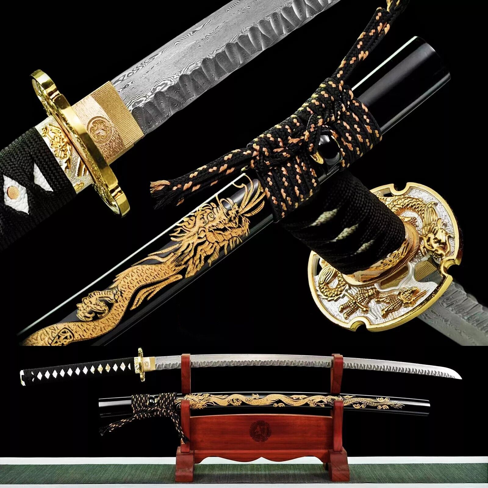 Gold Dragon Damask Folded 1095 Steel Katana Battle Ready Japanese Samurai Sword