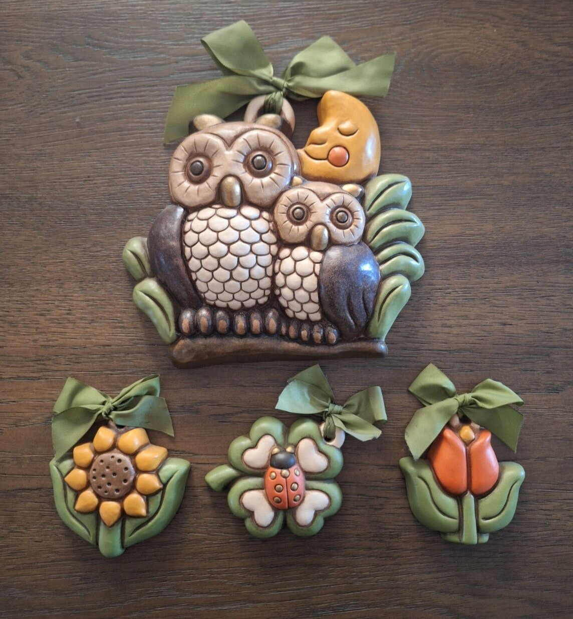 Thun Mother Owl Baby Sunflower Lady Bug Flower Moon Art Italian Ceramic Lot of 4