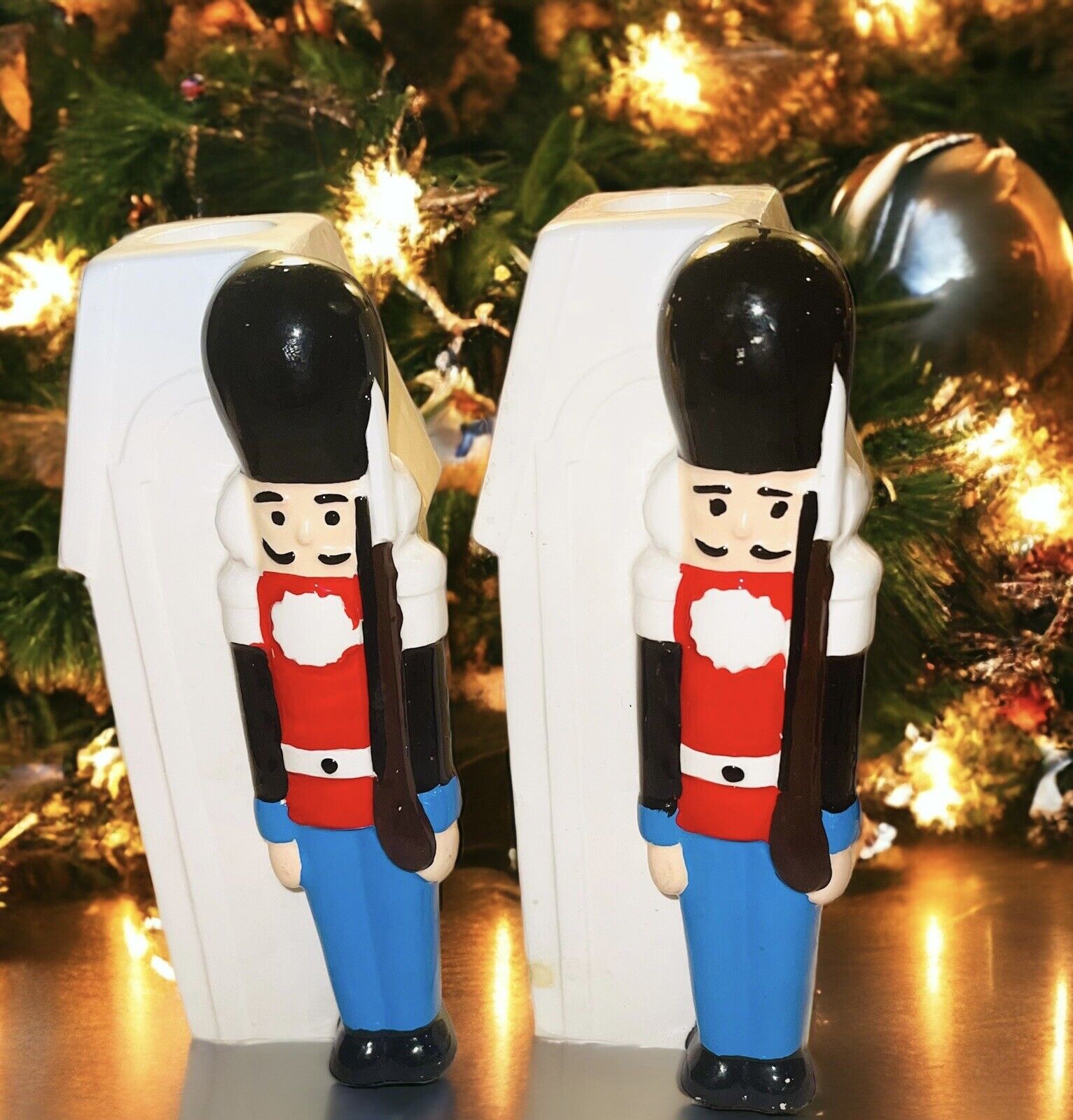 Pair Of Vintage Macys Christmas Soldier Candle Holders 7\