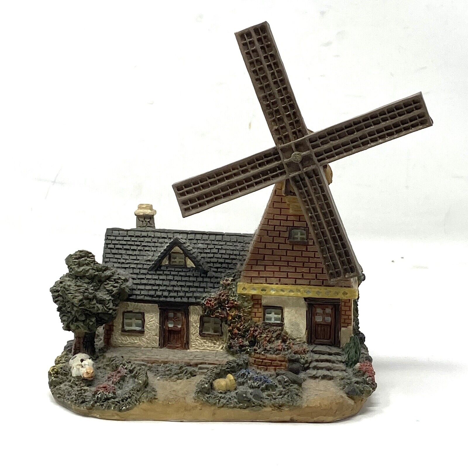 Cottage With Spinning Windmill Figurine Resin 6” W X 6”