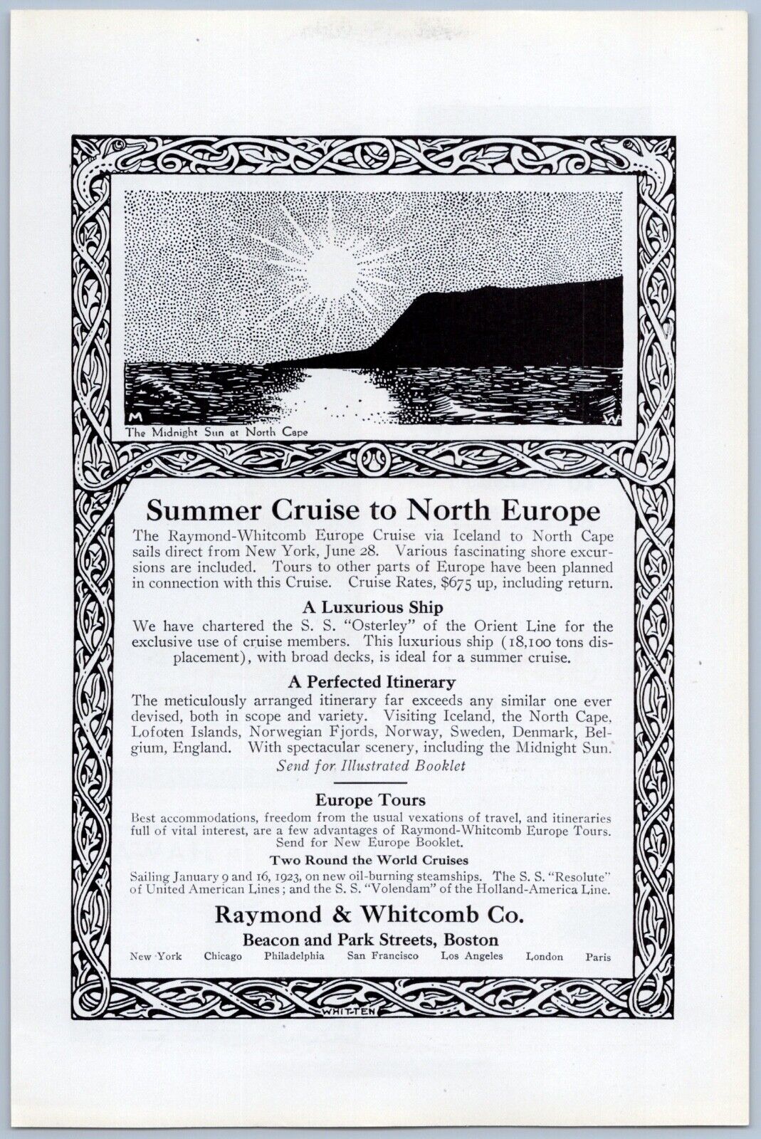 1922 Raymond Whitcomb Vintage Cruise Ad North Cape Northern Europe SS Osterley