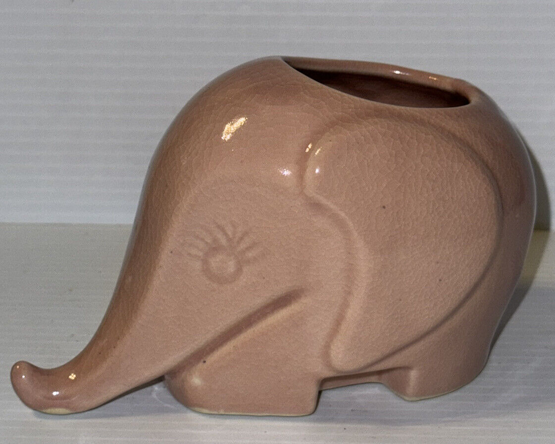 Mid Century Pink Ceramic Elephant Pottery Planter Vase Crazing Cute