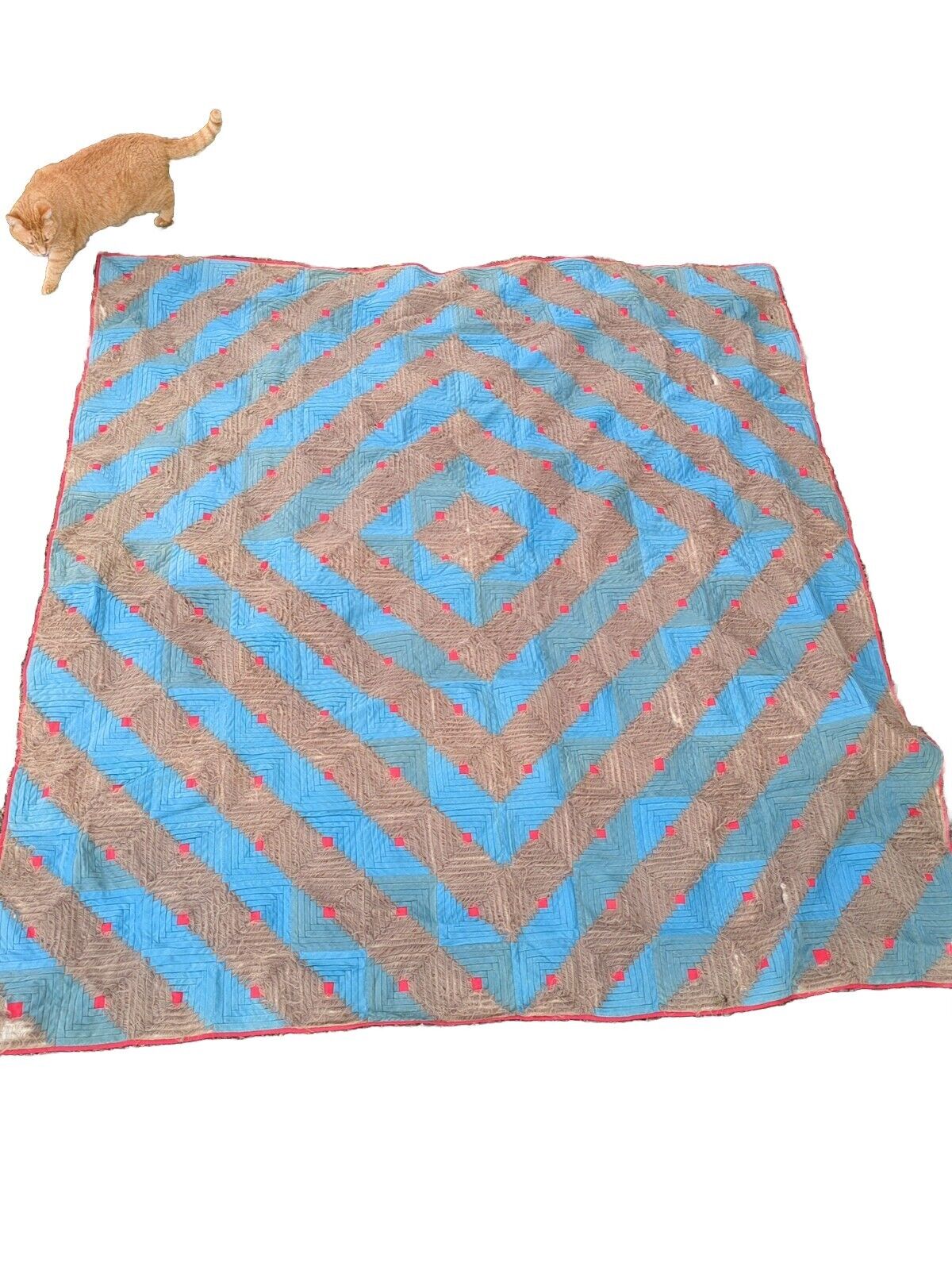 Antique Courthouse Steps Square Geometric Red Blue Diamond Quilt 19th Century