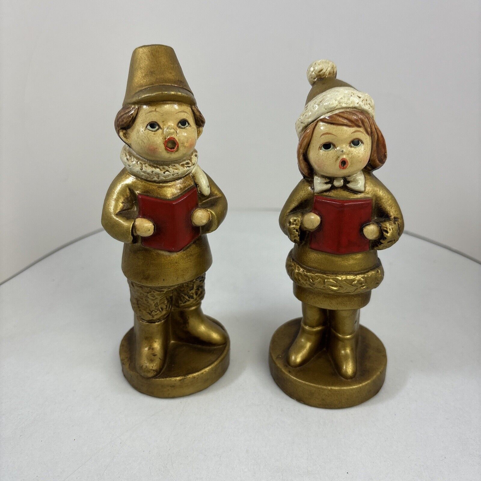Vintage Pair Gilded Christmas Carolers Made in Japan 6” Tall