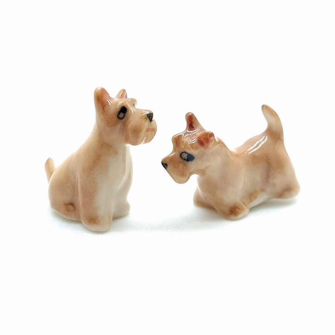2 Tiny Brown Scottish Terrier Dogs Ceramic Porcelain Figurines Statue