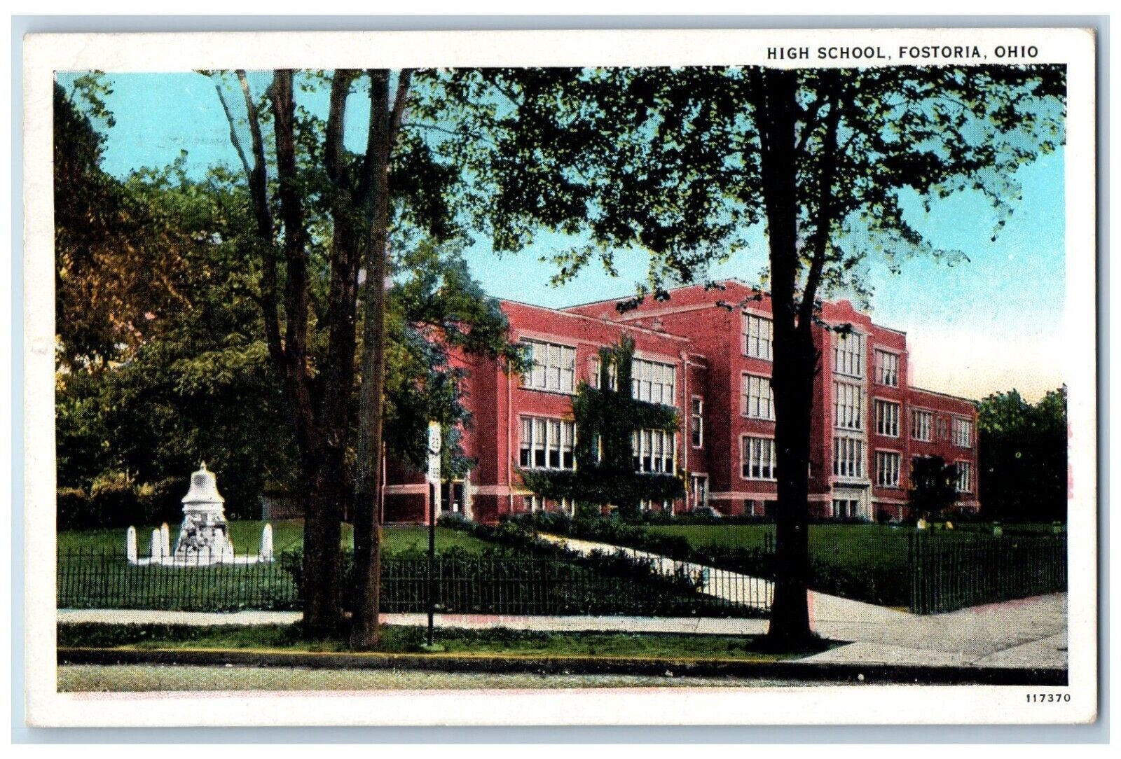 Fostoria Ohio Postcard High School Building Fountain Trees 1934 Antique Vintage