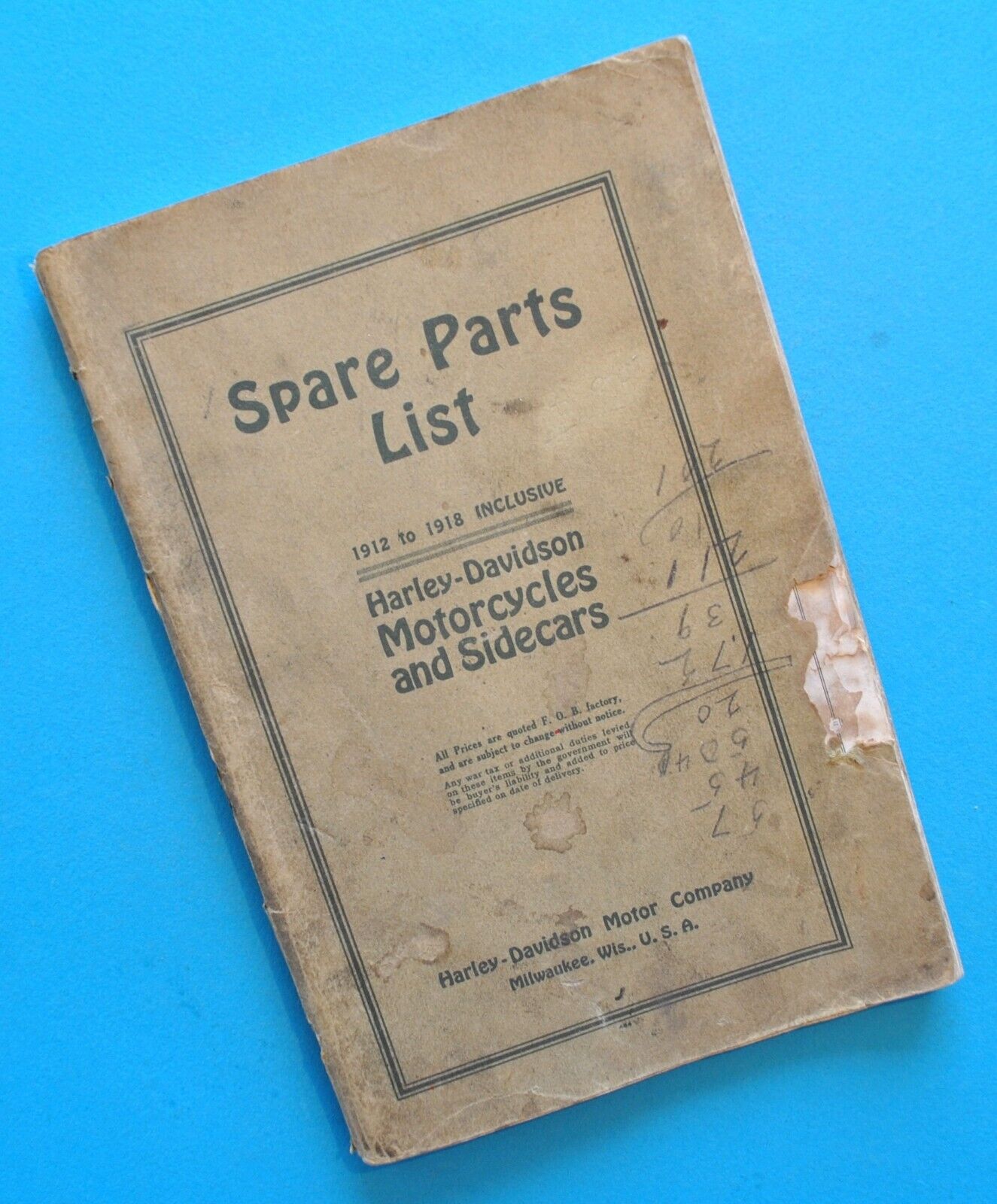 Original 1912-18 Harley Spare Parts List Catalog Manual Book 7D 8E 10F 16J 18JB