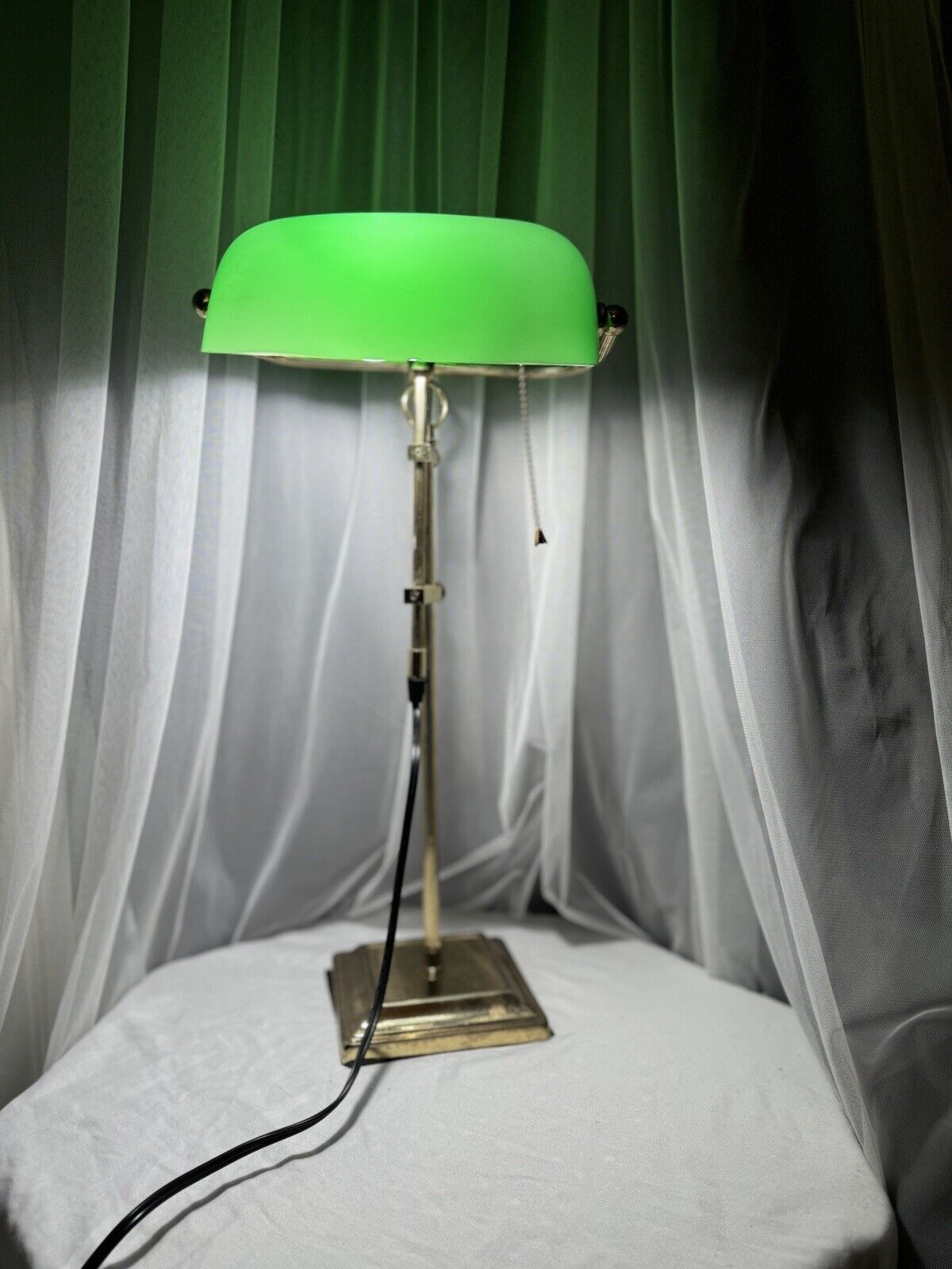 Large Adjustable Cabinet Bankers Table Lamp Green Shade Brass 22”