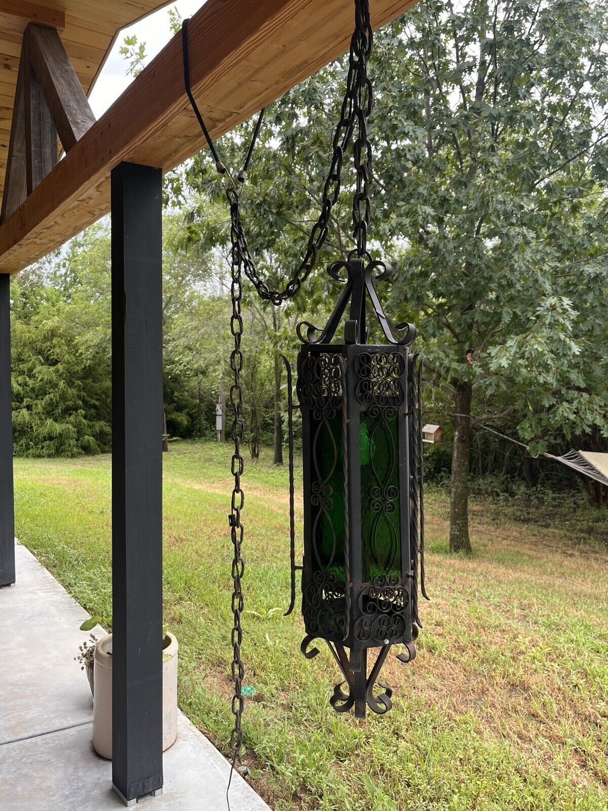 Large Vintage Hanging Green Glass & Wrought Iron Lamp/Light - Huge Chain