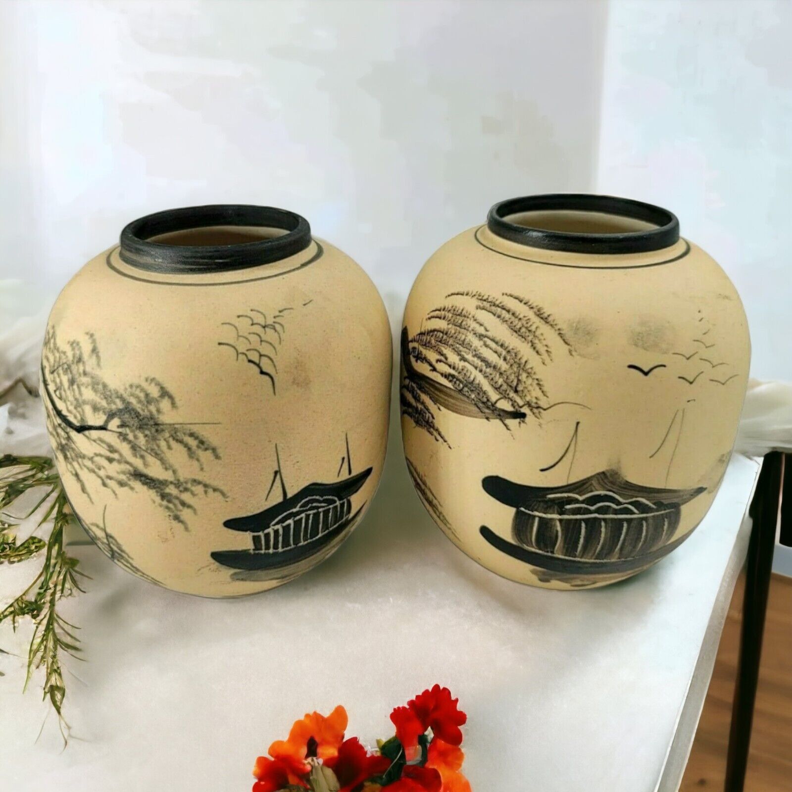 Japanese Bisque Pottery Pair of Vase Hand Painted Asian Scene 5\