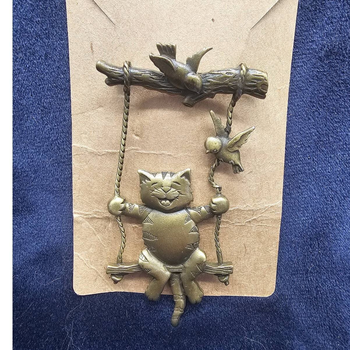 Vintage JJ Jonette cat on swing Pin brooch