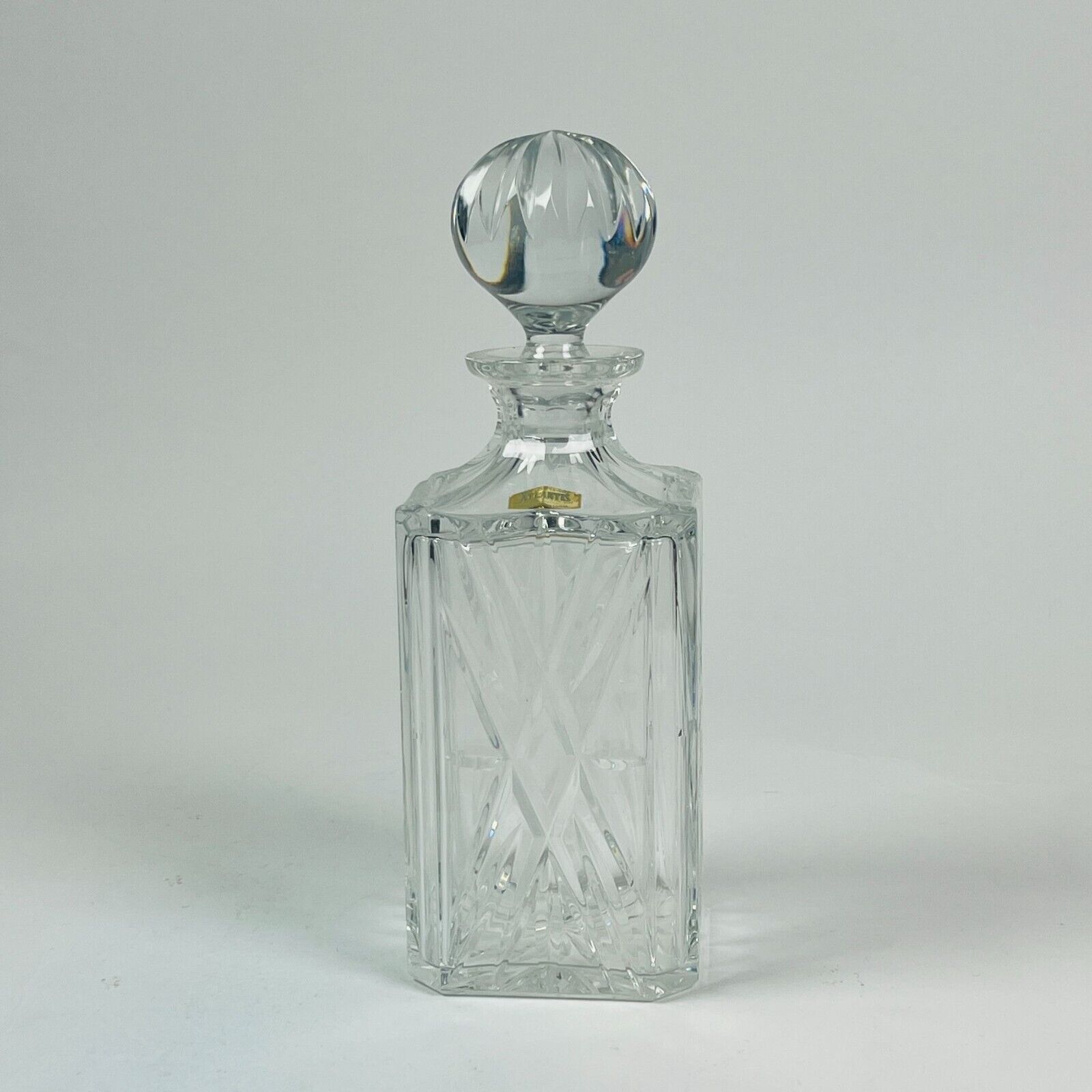 Vintage Atlantis Square Cut Crystal Whiskey Decanter W Stopper 10” W Label