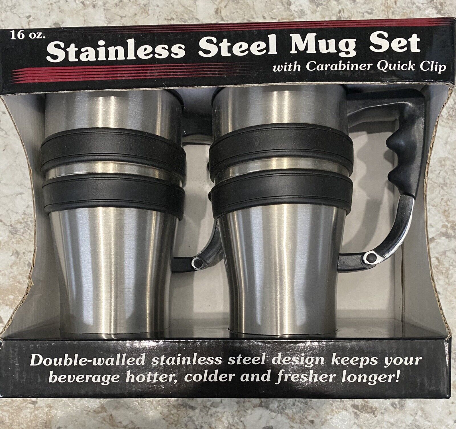 NEW 2 Carabiner Travel Mugs Stainless Steel Double Wall 16 oz SS Set Quick Clip