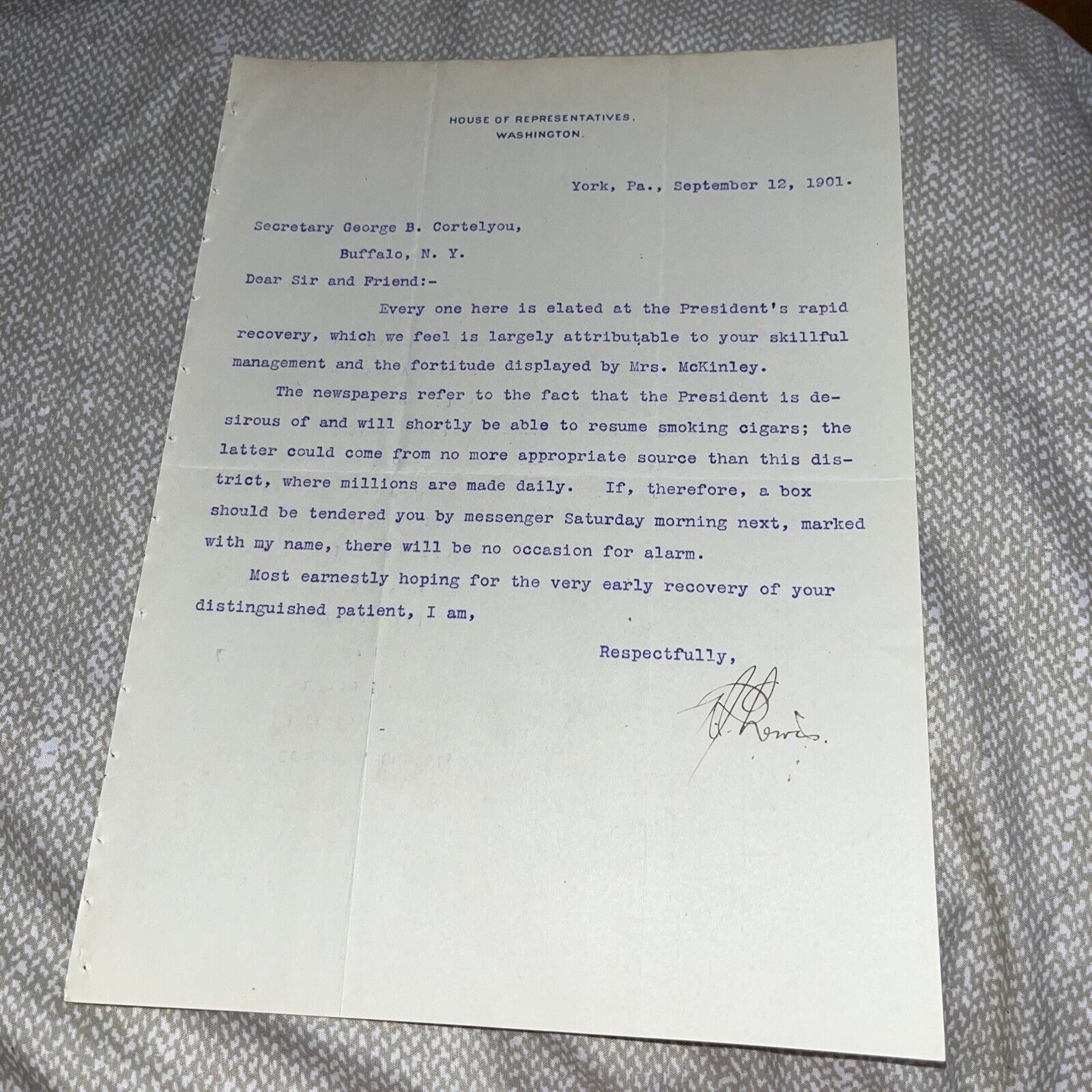 York PA Robert Lewis Congressman Letter Offers Cigars - President McKinley Shot
